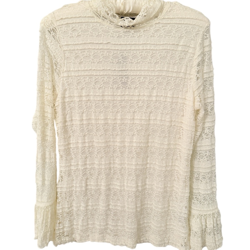 Worthington Top Blouse Ivory Lace Mock Neck Ruffle Cuff Blouse Top L  NWT
